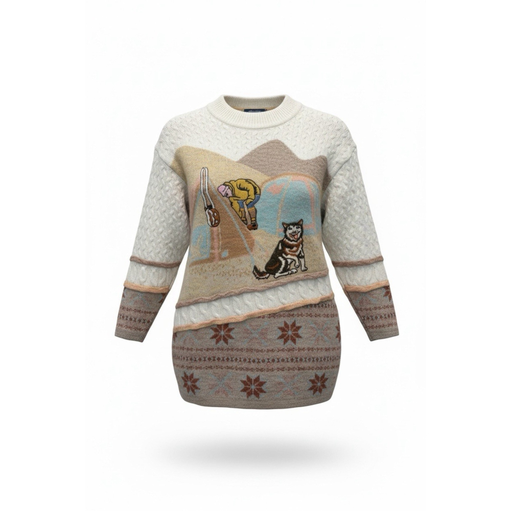 Vintage Bogner Alpaca Knit Sweater Dog & Camping Scene Folk Art Women’s Size 10